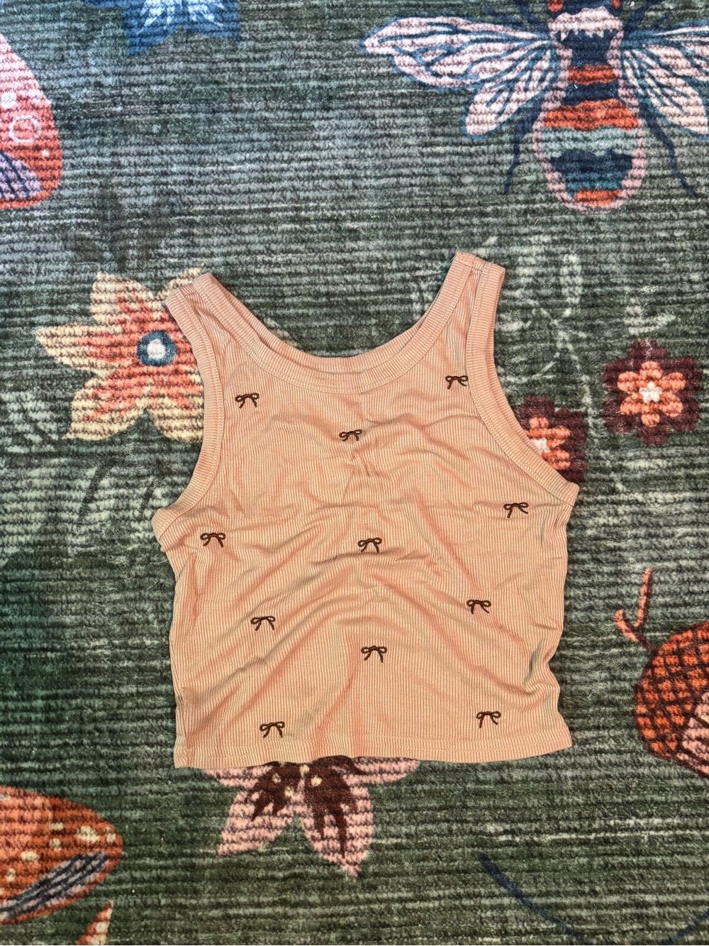 Peach Ribbed Tank Top with Bow Embroidery - Women